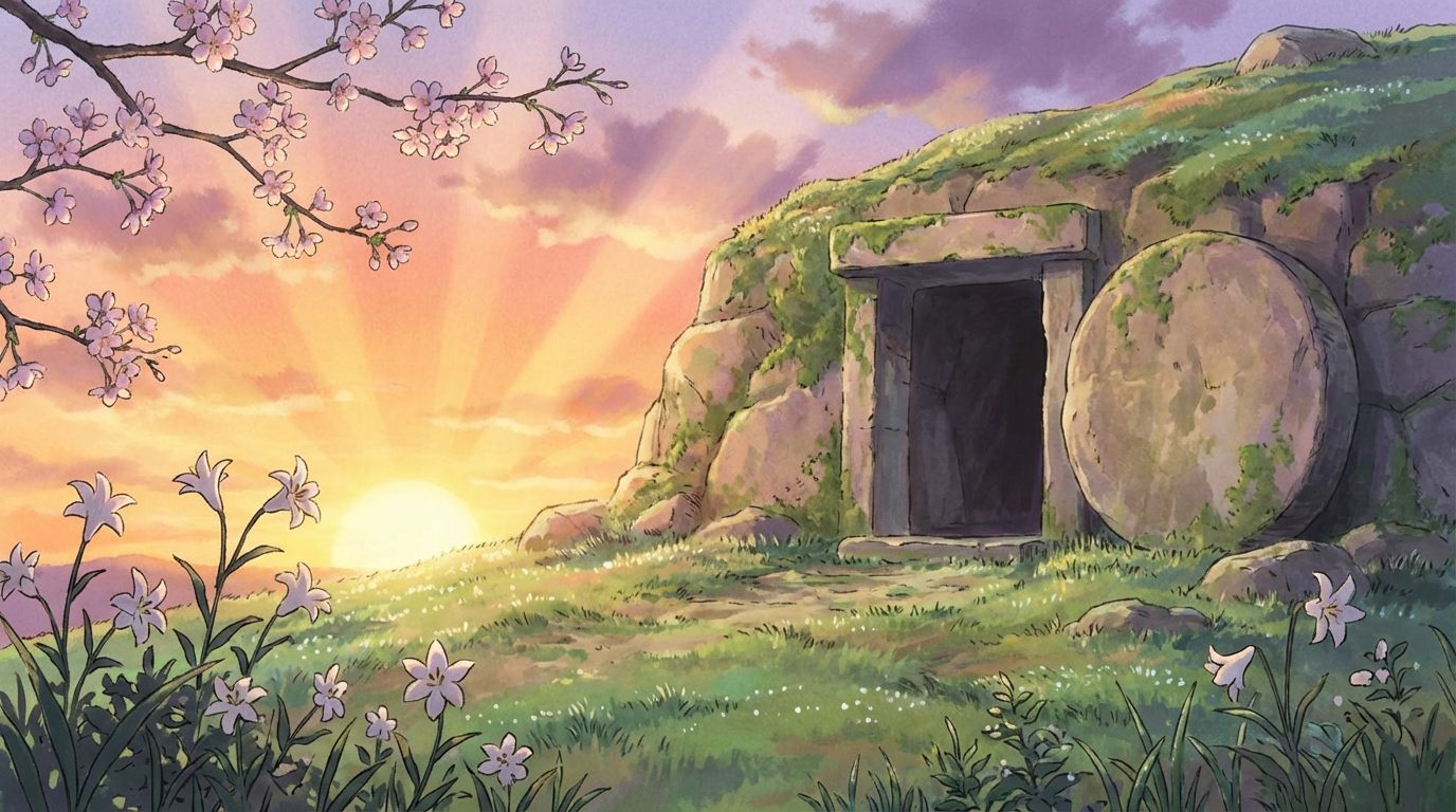 Illustration of an empty stone tomb on a grassy hillside during a vibrant sunrise.